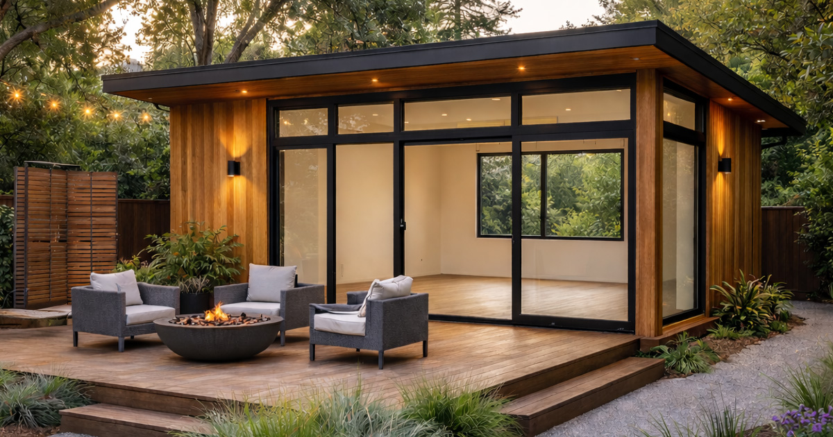 A finished detached accessory dwelling unit with a wood exterior and large windows